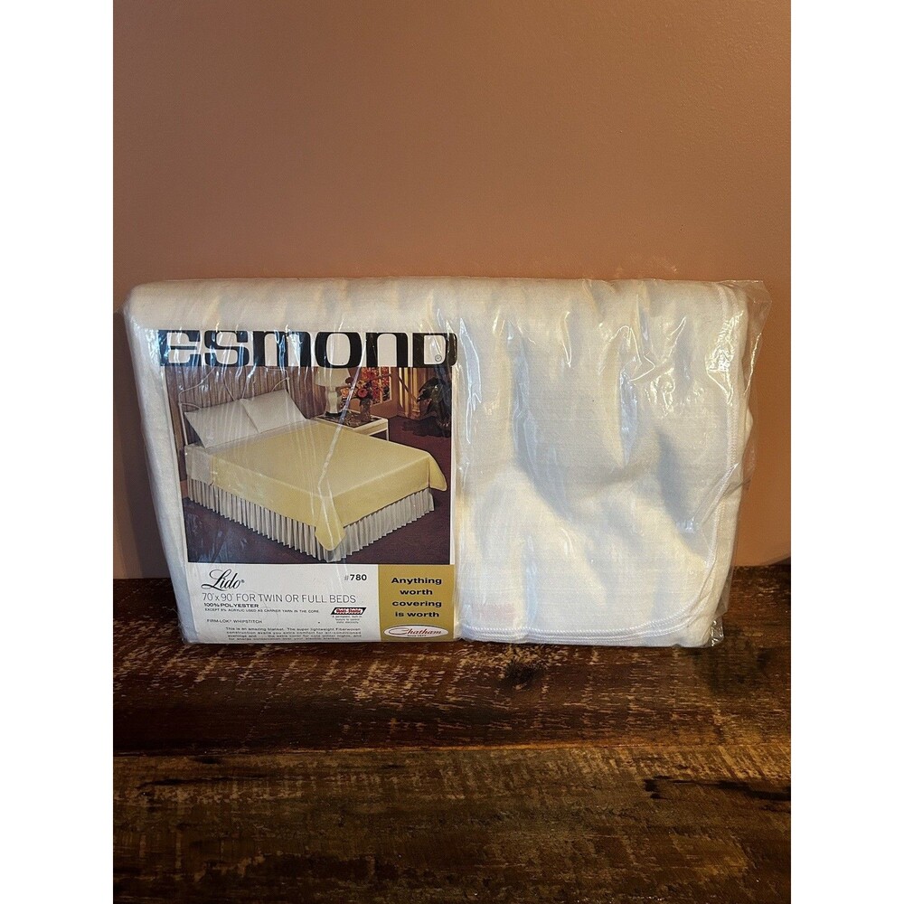 NOS ESMOND Chatham Lido White Fiberwoven Twin Blanket 70 x 90 Whipstich #780